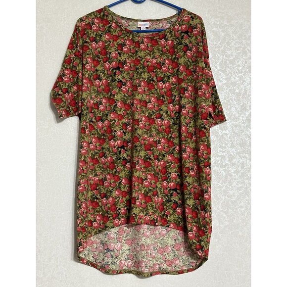 LulaRoe High Low Short‎ Sleeve Red Green Floral Tunic Top Shirt Dress Stretch M - Picture 1 of 4